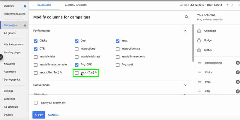 فیلترها و تنظیم ستون کمپین ها در گوگل ادز