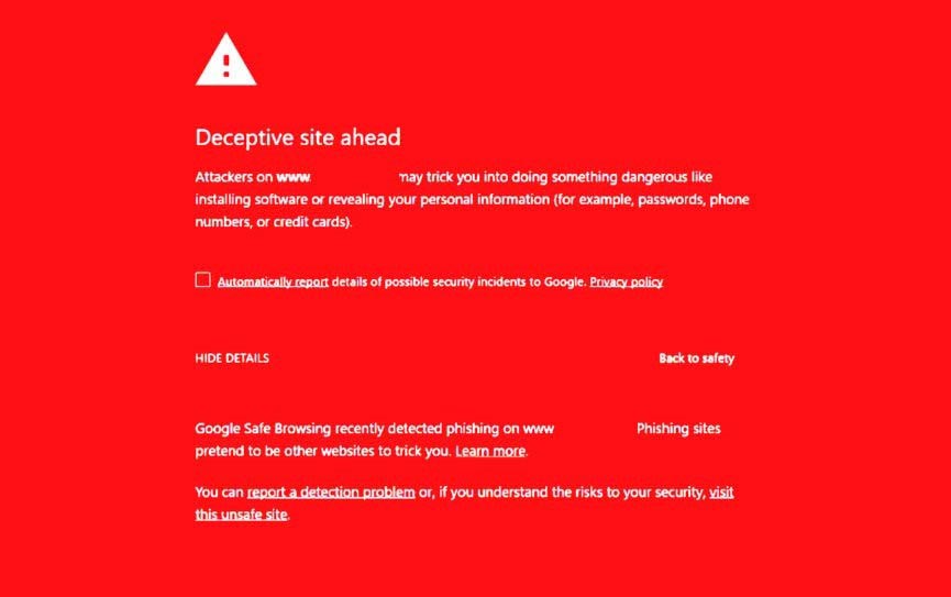 مثالی از هشدار Google safe browsing برای مشکلات امنیتی سایت