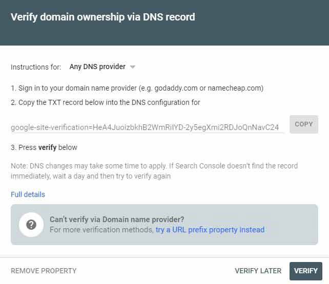 ثبت دامنه سایت در سرچ کنسول از طریق DNS Verification